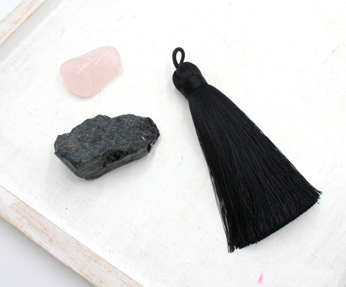 black tassels, silky nylon, 3.5 inches, sold as 1 piece.